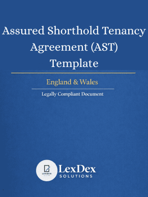 UK AST Agreement Template cover page showing a professional Assured Shorthold Tenancy contract for landlords and letting agents, designed for legal compliance under UK tenancy law, including landlord and tenant obligations, repair responsibilities, and tenancy terms.