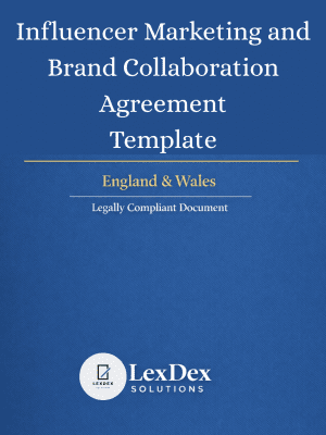 Influencer Marketing Agreement for Sponsorship and Content Creation - Template cover image, professional legal contract for influencer agreements, brand collaborations, paid promotions, social media partnerships, content creation services, and advertising compliance including ASA guidelines, UK GDPR, and Consumer Protection laws