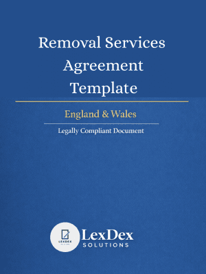 Removal services agreement UK template cover image showing a professionally drafted contract for moving and relocation services, including clauses on liability, transport of goods, pricing structure, cancellations, insurance provisions, and compliance with UK consumer law and contract law, suitable for domestic and commercial removal businesses seeking legally structured documentation
