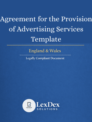 Cover image showing a professional Advertising Services Agreement template for UK businesses, illustrating structured legal documentation for advertising service contracts.