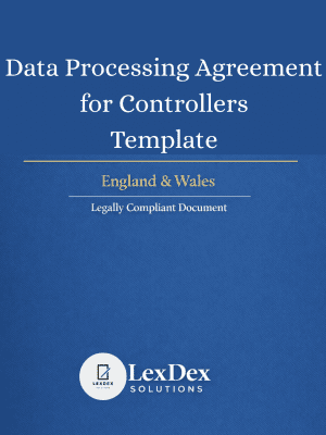 Professionally drafted UK GDPR Data Processing Agreement for Controllers template, showing title, business logo, and confirming legal compliance under England & Wales law, supporting lawful, secure, and accountable processing of personal data.