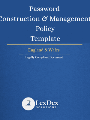 Professional Password Construction Policy template showing UK GDPR compliance, IT security governance, multi-factor authentication, and secure password management for businesses.