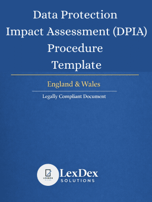 Blue background template cover displaying “Data Protection Impact Assessment Procedure,” company logo, and text “England & Wales Legally Compliant Document".