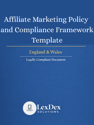 Affiliate Marketing Policy UK template outlining legally compliant rules for affiliate promotions, disclosure of commercial relationships, brand use, advertising standards, and regulatory compliance.