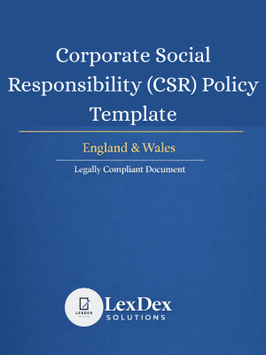 Cover image of Corporate Social Responsibility Policy Template (UK), showing legally compliant organisational framework for sustainability, ethical business practices, employee engagement, and corporate governance.