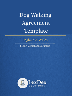 Dog walking agreement template (UK) for professional dog walkers and pet owners, setting out care obligations, liability terms, and service conditions clearly.
