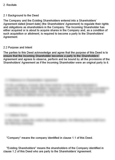 Shareholder Adherence Deed preview 1