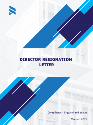 Professional Director Resignation Letter template cover page featuring corporate branding and legal document design for UK limited companies’ director resignation, compliant with 2025 England and Wales company law.