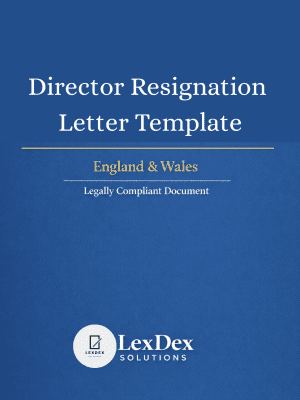 Cover image of a professionally drafted director resignation letter template for England and Wales, formal UK company law document by LexDex Solutions, updated for 2026.