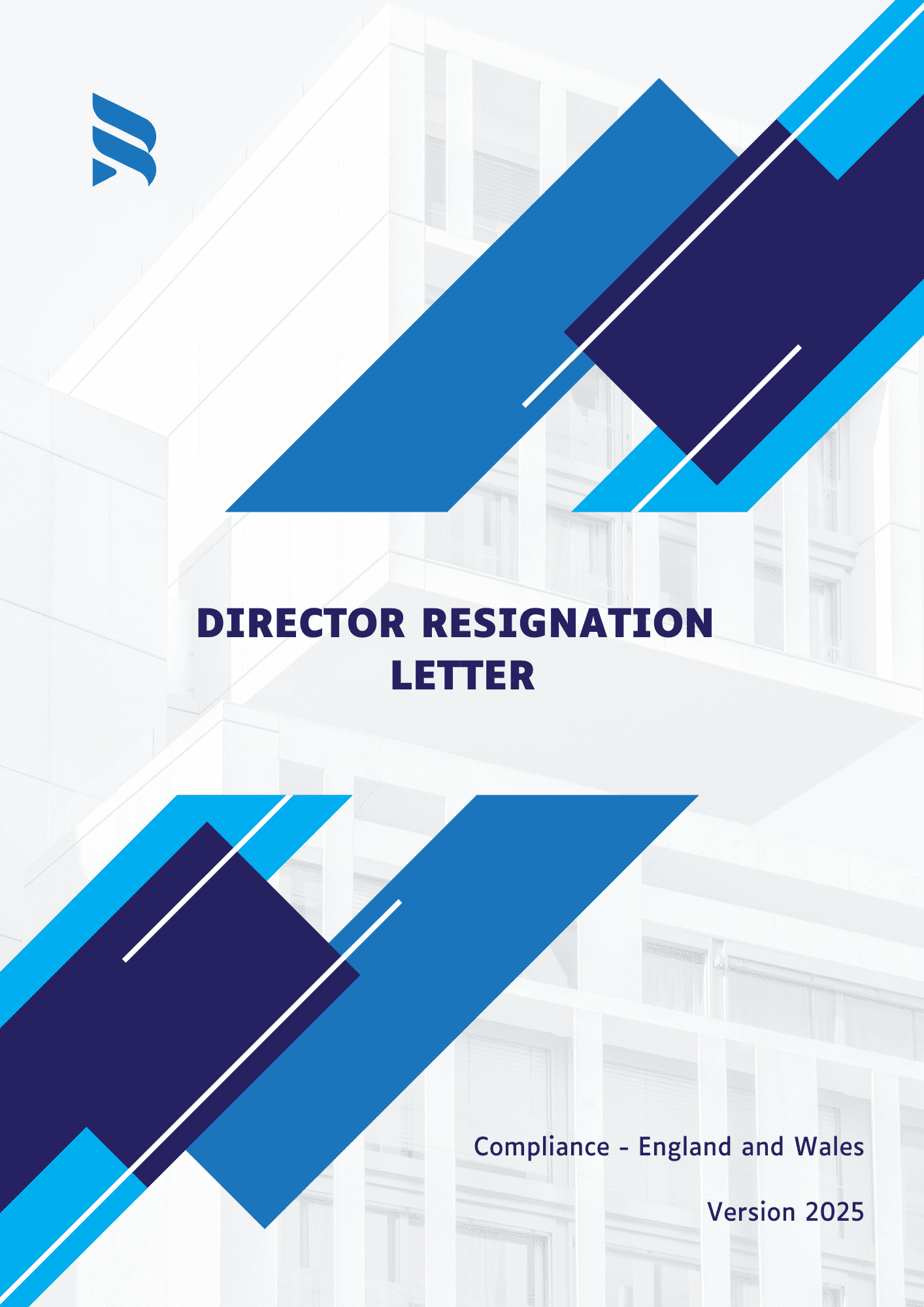 Professional Director Resignation Letter template cover page featuring corporate branding and legal document design for UK limited companies’ director resignation, compliant with 2025 England and Wales company law.
