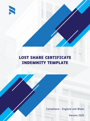 Cover page of Lost Share Certificate Indemnity Template – 12-page UK legal document for replacement of lost, damaged, or destroyed share certificates in private limited companies, compliant with England and Wales law 2025