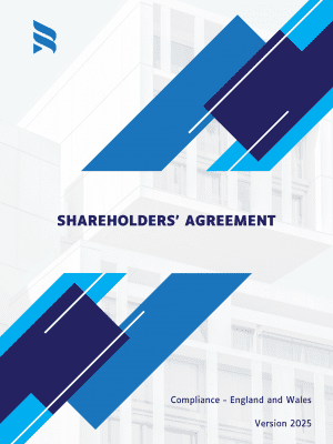 Cover page of a 2025 Shareholders Agreement legal template compliant with England and Wales law, designed for private limited companies