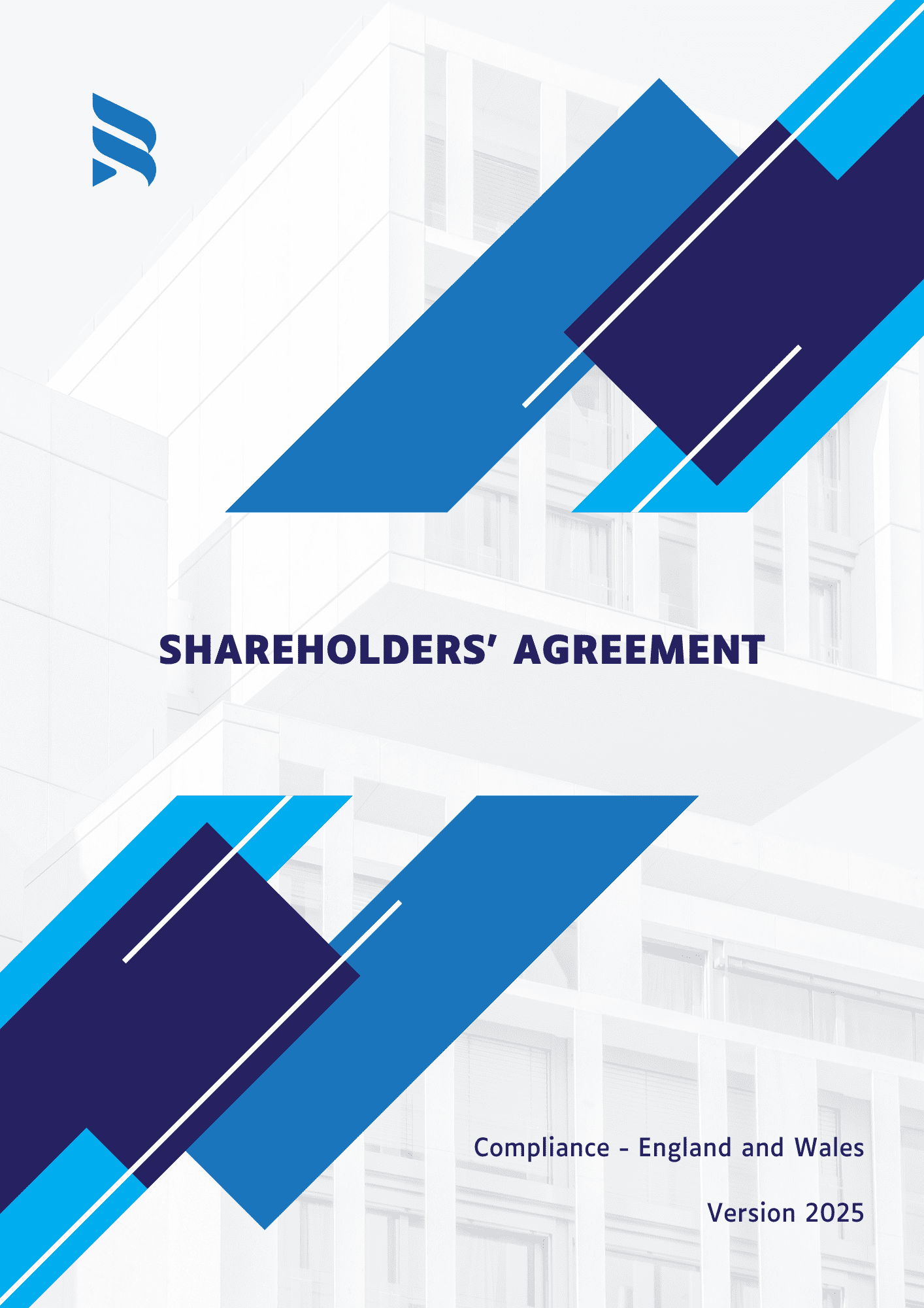 Cover page of a 2025 Shareholders Agreement legal template compliant with England and Wales law, designed for private limited companies