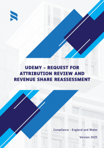 Cover page of the document titled "Udemy – Request for Attribution Review and Revenue Share Reassessment." The template is legally formatted, compliant with the laws of England and Wales, and updated for 2025.
