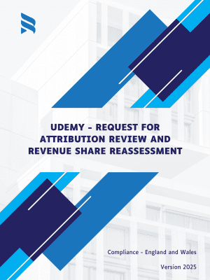 Cover page of the document titled "Udemy – Request for Attribution Review and Revenue Share Reassessment." The template is legally formatted, compliant with the laws of England and Wales, and updated for 2025.