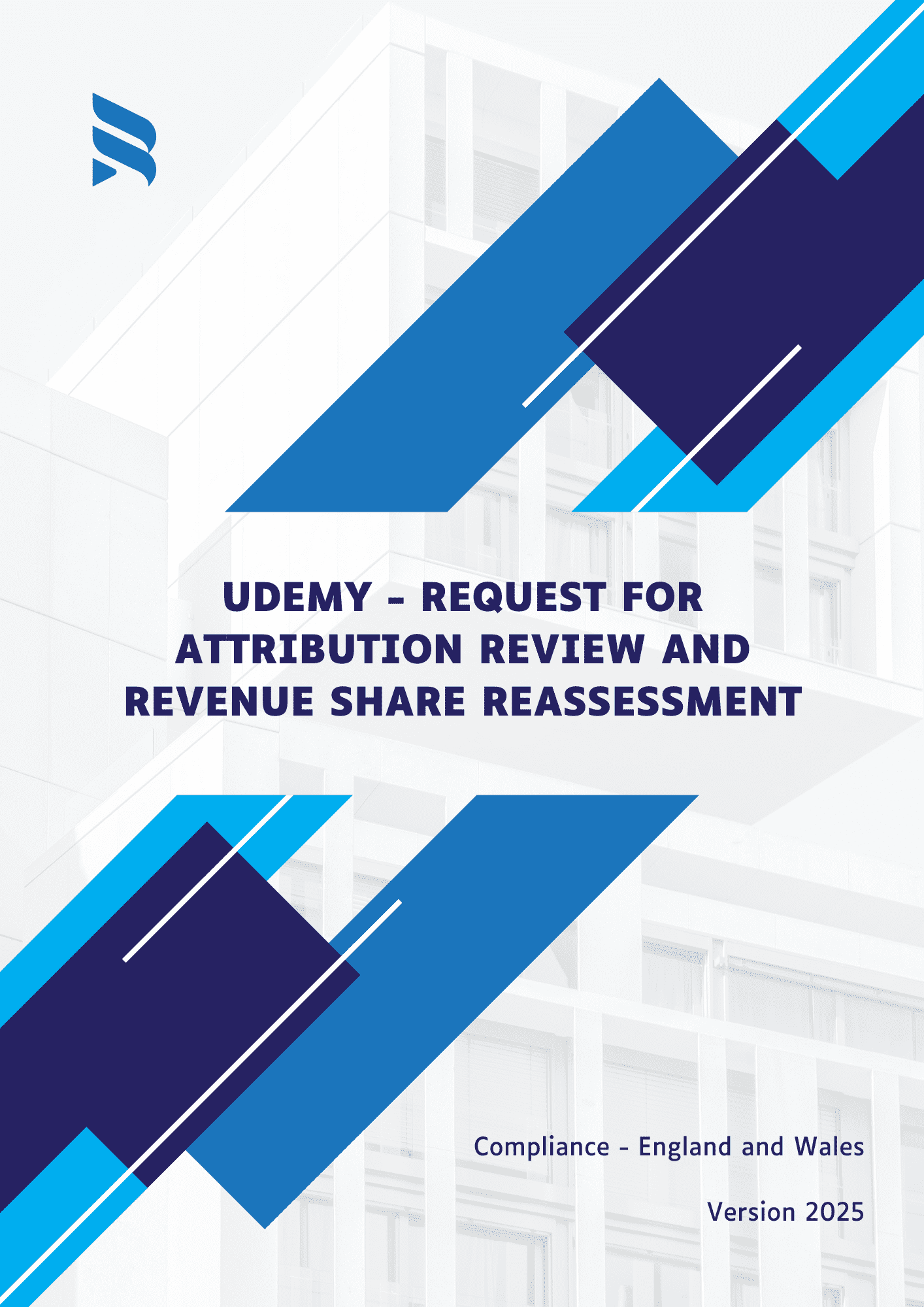 Cover page of the document titled "Udemy – Request for Attribution Review and Revenue Share Reassessment." The template is legally formatted, compliant with the laws of England and Wales, and updated for 2025.