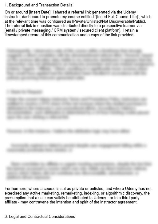 Sample page of the 'Udemy – Request for Attribution Review and Revenue Share Reassessment' legal template, 2025 edition, compliant with England and Wales law, for Udemy instructors.