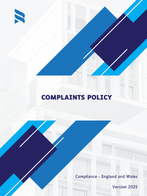 Cover page of a professionally drafted Complaints Policy template designed for businesses, featuring clear layout and 2025 England & Wales legal compliance.