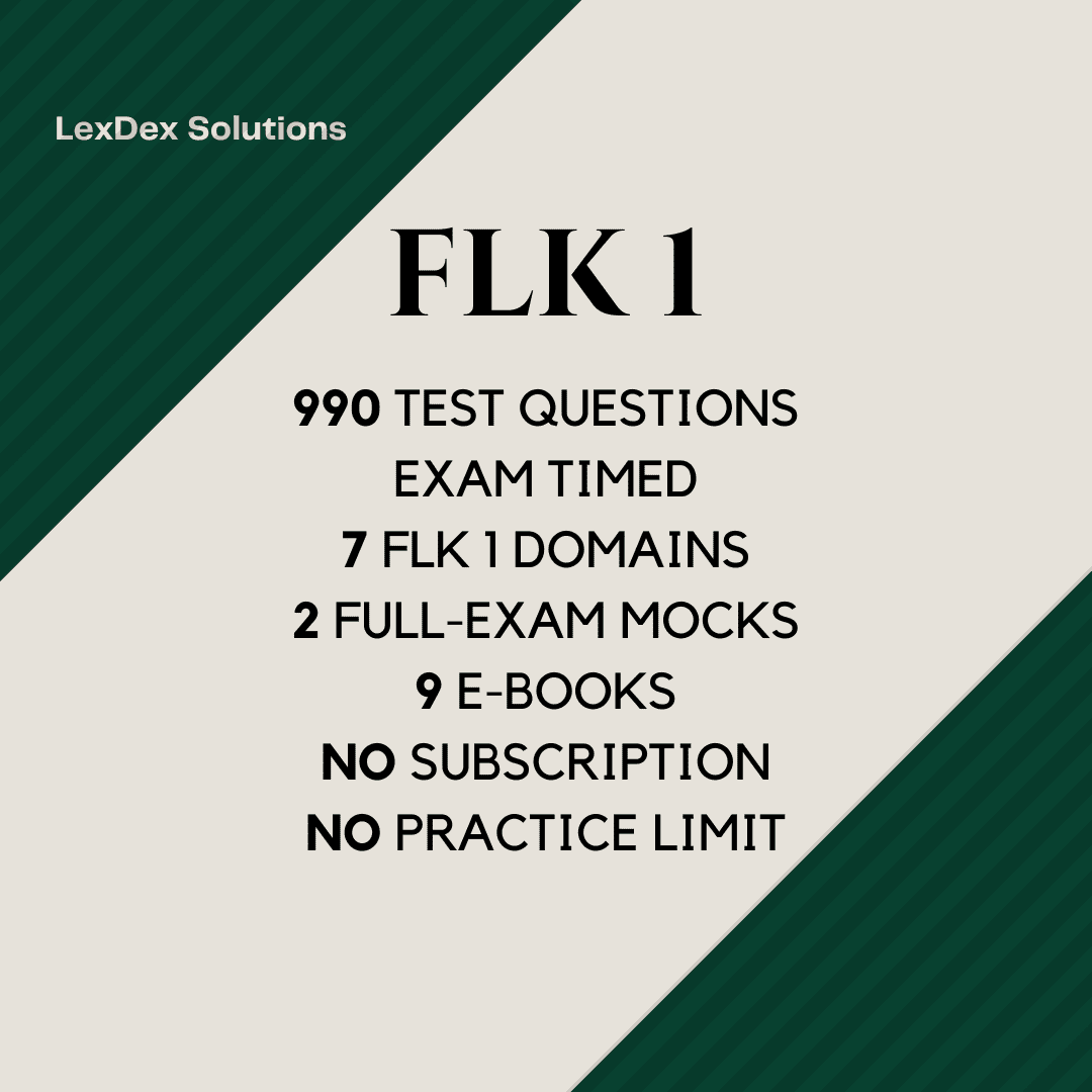 FLK 1 SQE1 practice course with 990 timed test questions, covering all 7 FLK 1 domains, includes 2 full-length exam mocks, 9 detailed e-books, unlimited practice access, and no subscription required.