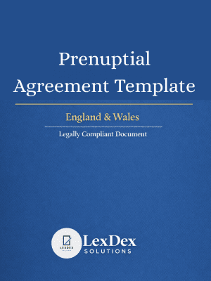 Cover image of a professionally drafted prenuptial agreement template for England and Wales, legally compliant UK document by LexDex Solutions, updated for 2026.